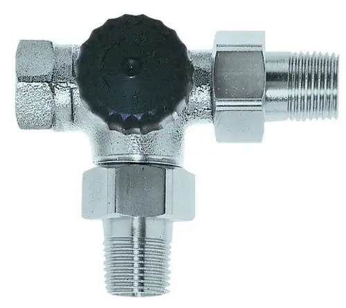 Ventilunterteil mit drei Anschlüssen und einem schwarzen Regulierrad. Verbindungselement von IMI Hydronic Engineering, geeignet für wasserführende Systeme.